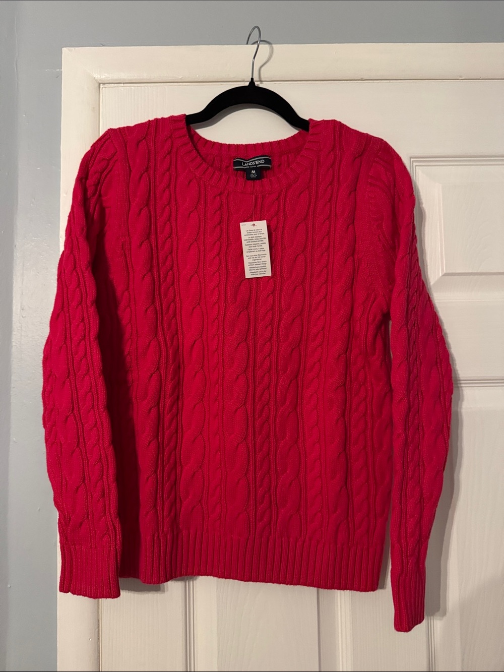 Lands' End Cable-Knit Crewneck Sweater - Hot Pink